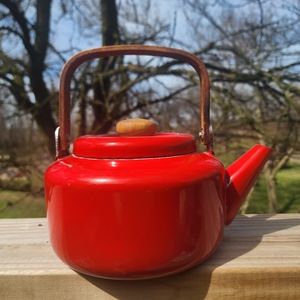 Vintage Red Metal Enamel Teapot w/ Wood Handle mcm